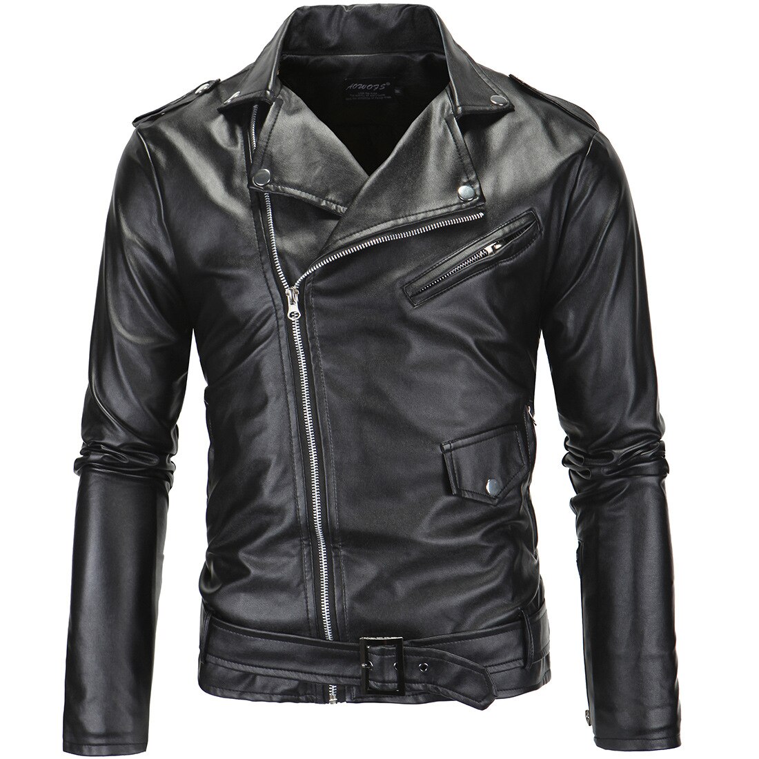 AKSR hommes veste en cuir col montant recadrée diagonale fermeture éclair Style Punk décontracté mince veste fausse fourrure manteau hommes taille chaude M-4XL: XP09 black / 4XL