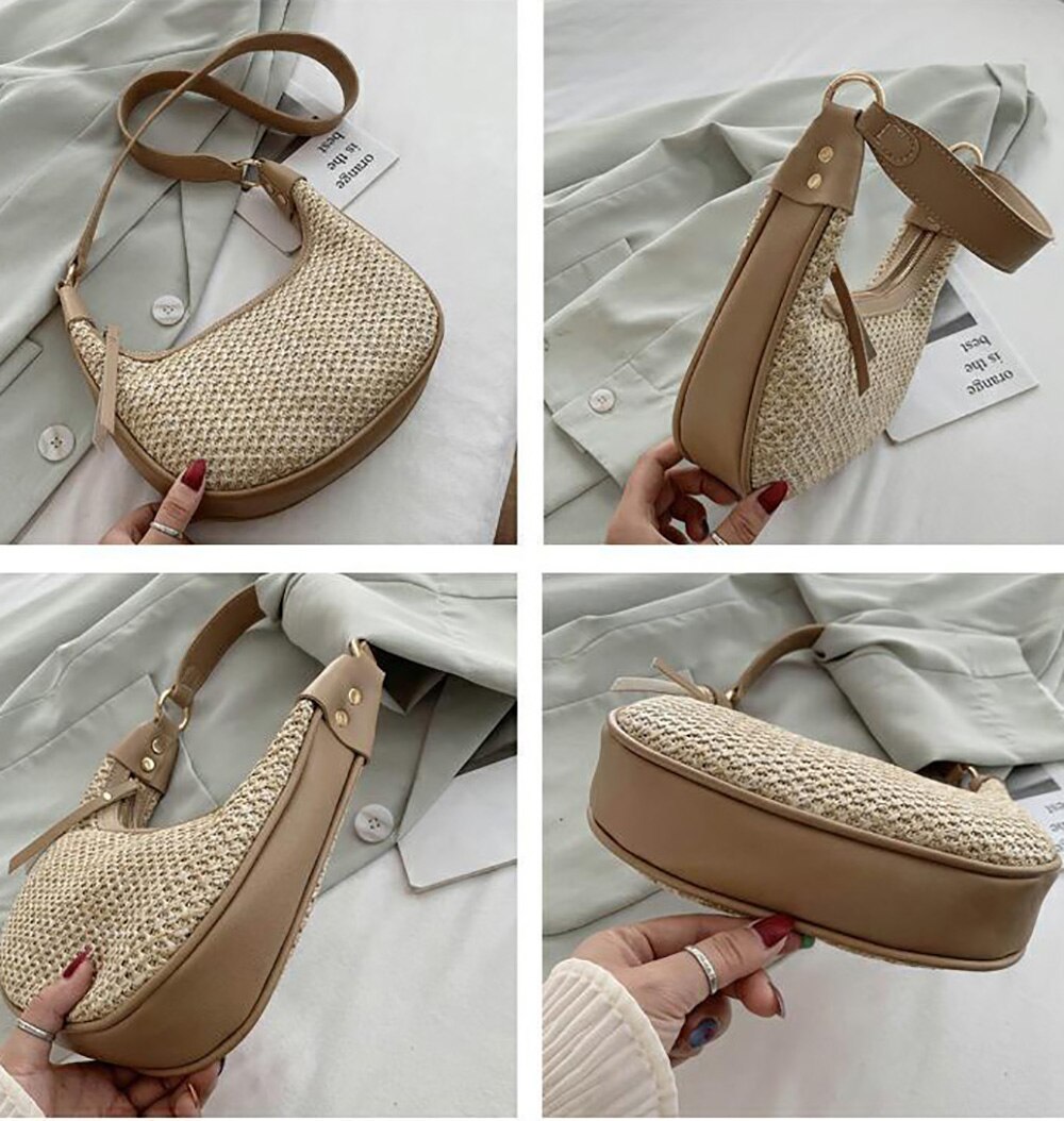 Anokhogi volledig gras geweven patchwork vrouwelijke schoudertas kleurrijke brede schouderband handtas  zx90