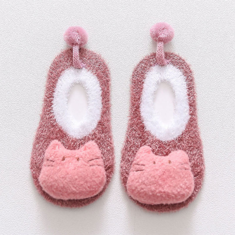 Winterbabysocken mit Karikatur-tiermotiven, rutschfest, weich und warm, für mädchen und jungen, kurze socken, babyaccessoires 0-2y: Rosa katze / 0-1 jahre
