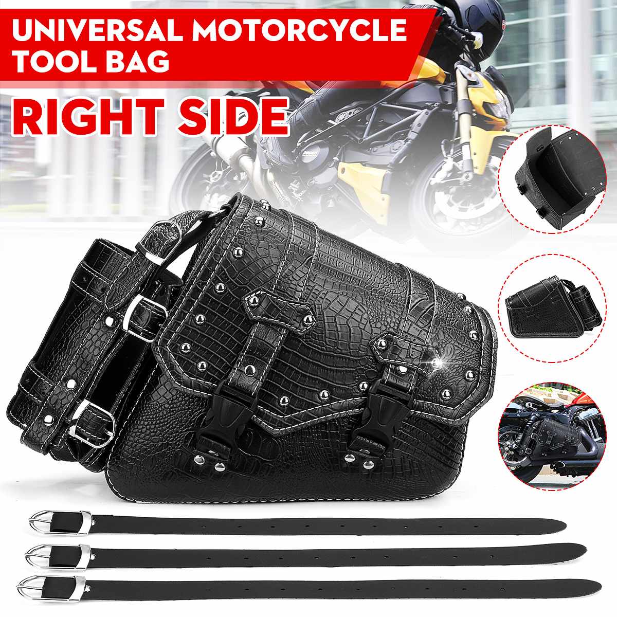 Venstre / højre side universal motorcykel sadeltaske opbevaringsværktøj tasker m / flaskeholder pu læder