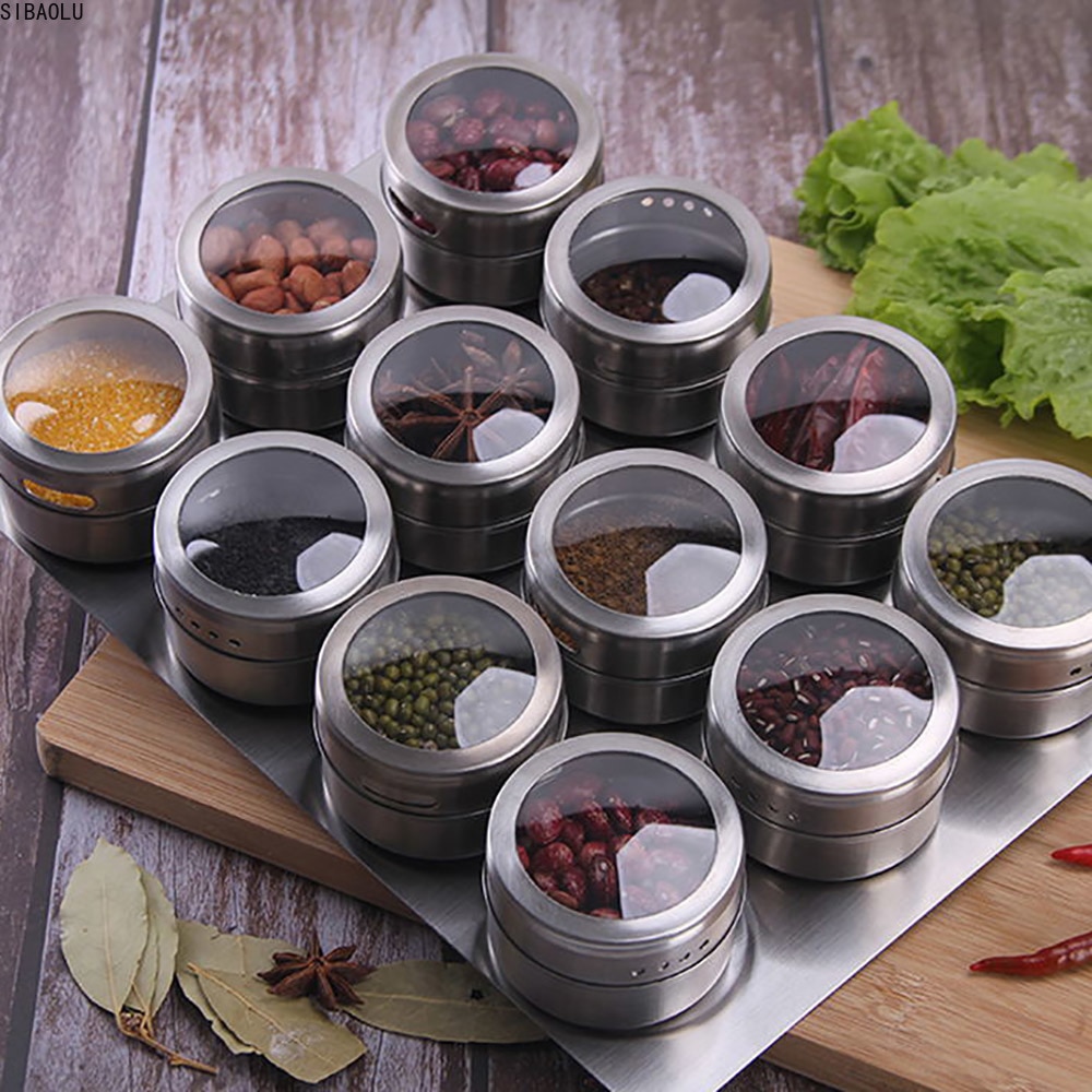 8Pcs /12Pcs Magnetic Spice Jar Set Stainless Steel Spice Tins Spice Storage Container Pepper Seasoning Sprays Tools