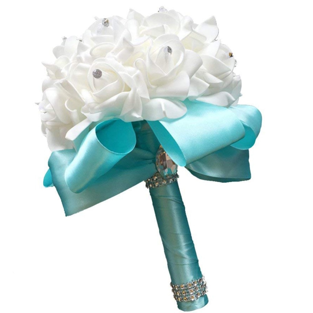 2022 Handmade Tiffany blue Bridal Bridesmaid Flower Wedding Bouquet Artificial Rose Ribbon Crystal Bouquets de noiva Beau