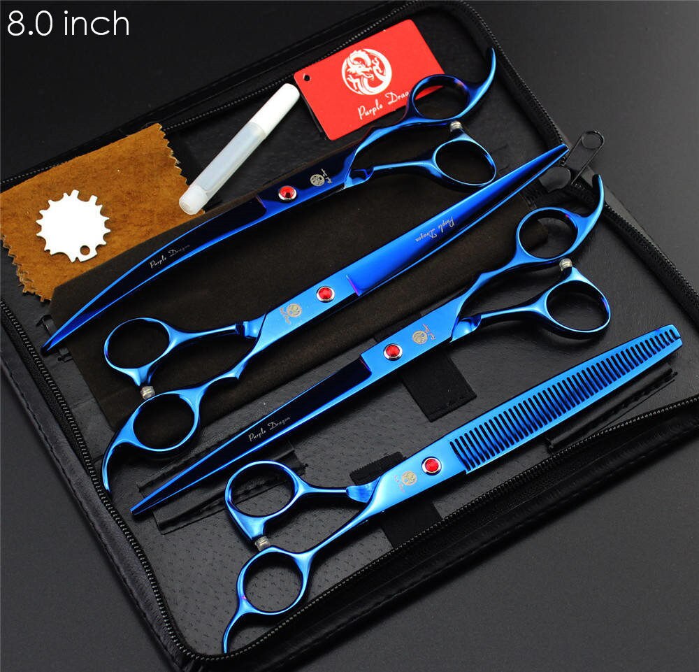 4pcs/set Pet Grooming Scissors Set 7 inch 8 inch Straight+ Curved +Thinning Shears Sharp Edge Hair Cutting Scissors: 8 inch Blue
