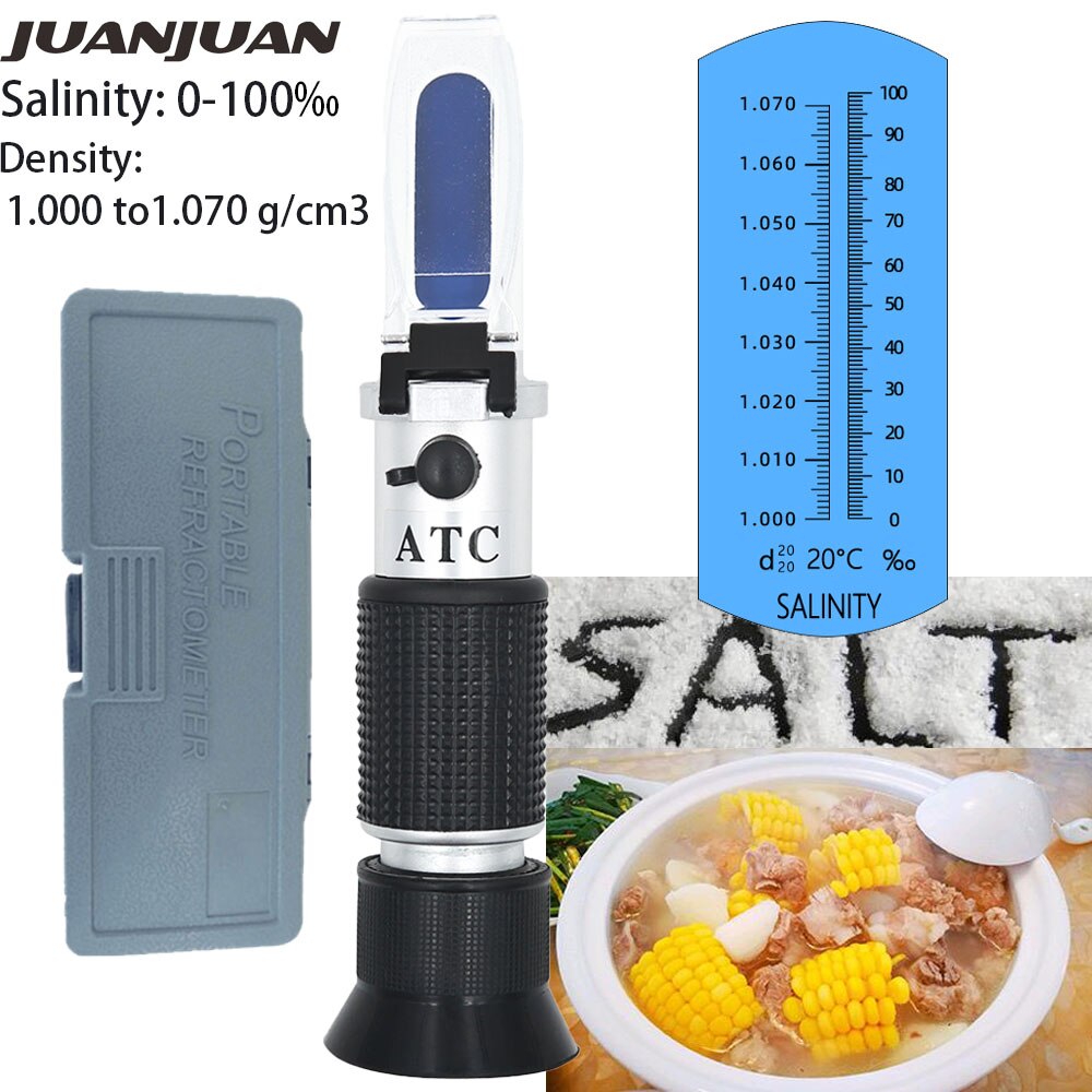 2 in 1 saltholdigheds refraktometer 0-28%  brix 0-32%  sukker måler salt salt refraktometer salt vand 0-10%  test salinometer atc 20%  off: Salinometer med æske