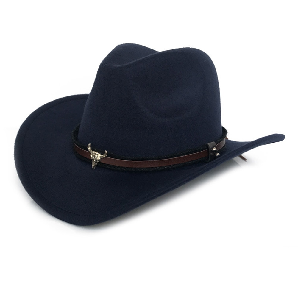 Ox Head Unisex Western Cowboy Woolen Hat Wide Brim Fedora Jazz Cap with Strap Cowboy Woolen Hat Wide Fedora Jazz Cap with Strap: Navy Blue
