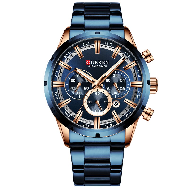 CURREN-reloj deportivo de lujo para hombres, cronógrafo de cuarzo, de pulsera, de acero completo, resistente al agua, Masculino: Rose Gold Blue