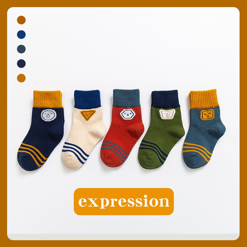 5Pcs Kinderen Sokken Herfst En Winter Sokken Kinderen Cartoon Sokken Jongens En Meisjes En Najaar Vloer sokken Baby Sokken: expression / XL 9-12 years old 21
