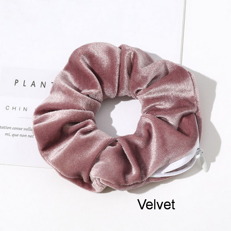 Women Satin Zip Scrunchies Elastic Velvet Hairbands Leopard Crunchy Hair Ties Pocket Scrunchie Holder With Zipper Headwear
