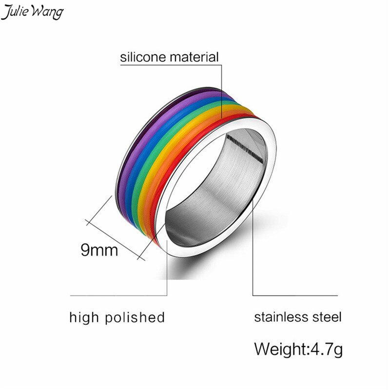 Julie wang 1pc regnbue ring rustfrit stål mænd homoseksuelle ringe lgbt statement smykker tilbehør 6-11us størrelse fine