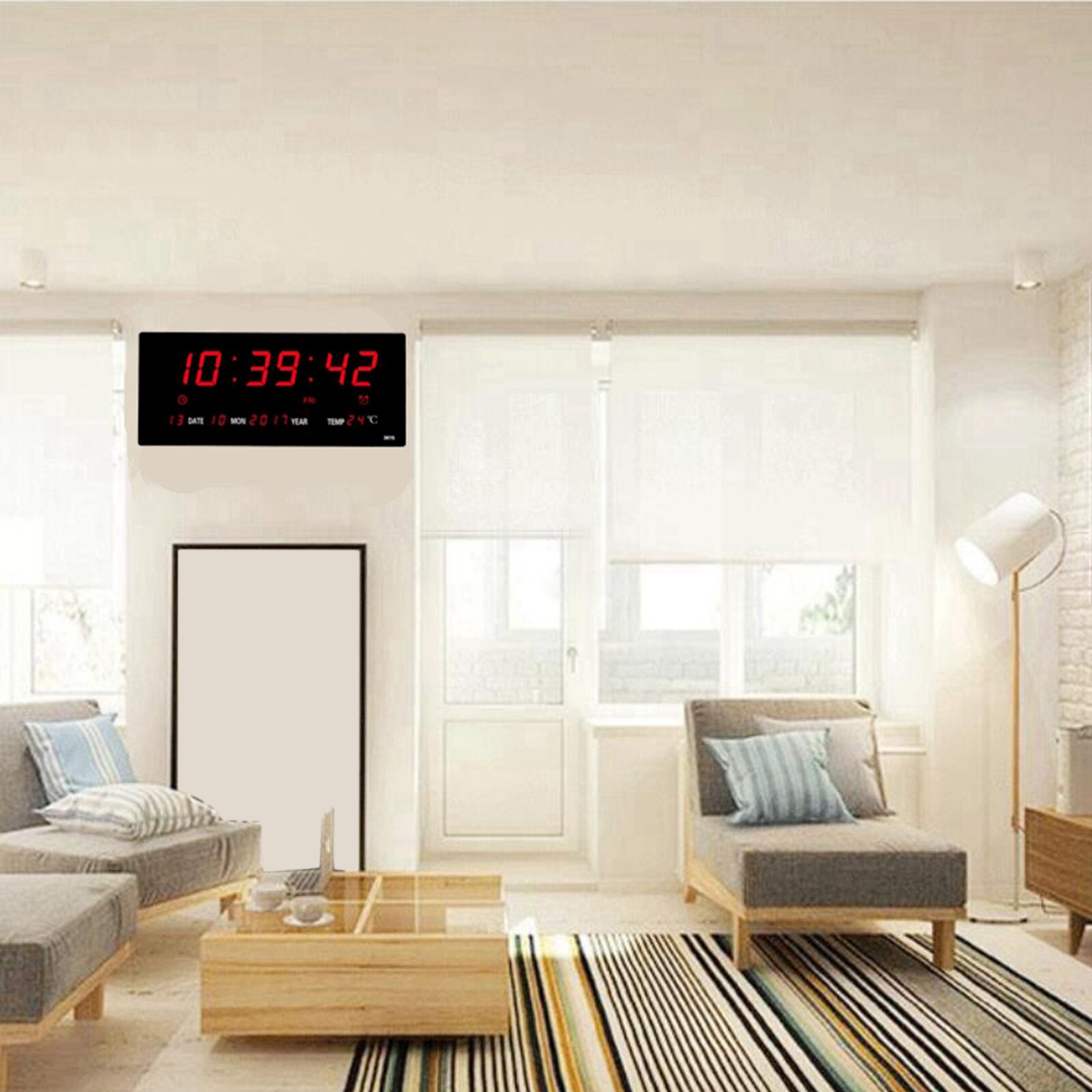 LED Digital Wall Clock Calendar Large Display w/ Indoor Temperature Date and Day