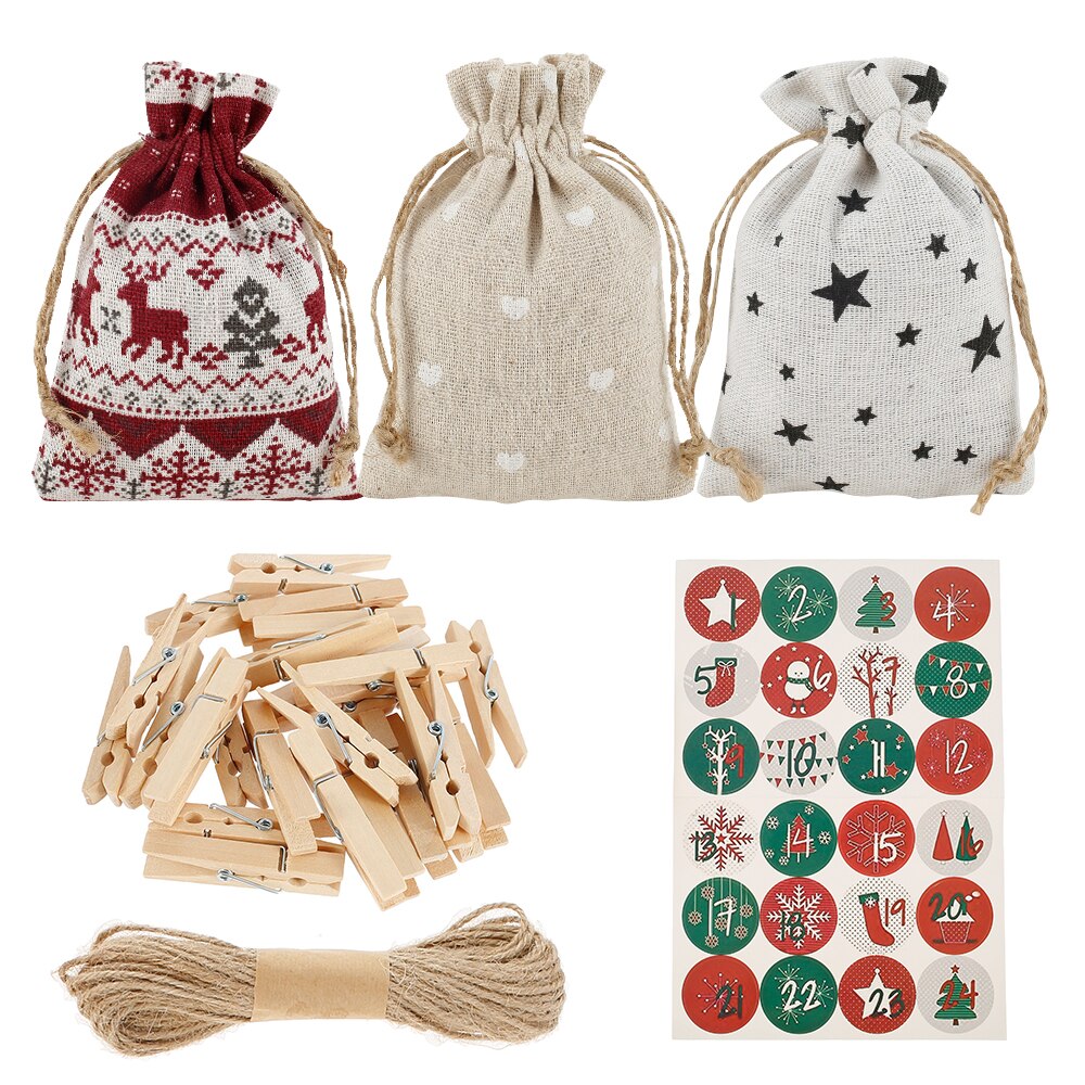 24 stk / sæt julebute linning taske mini opbevaring advent kalendere jute sæk bryllupsposer til fødselsdagsfest diy: Default Title