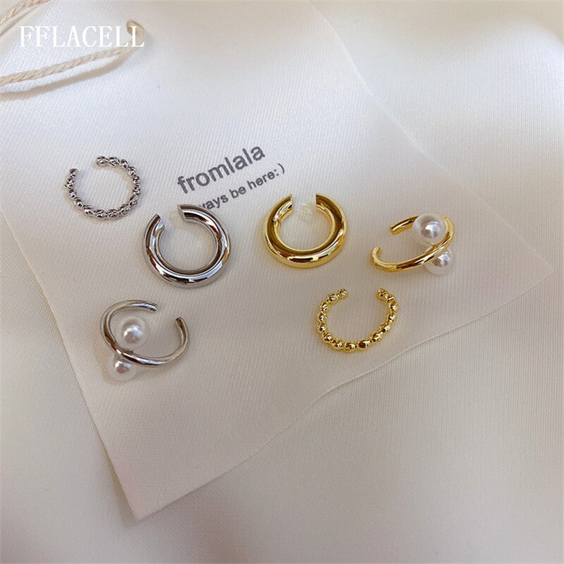 FFLACELL 1set Korea Simple Pearl Ear Cuff Earring Geometric Circle C Shape Metal Ear Bone Clip Earrings For Women Jewelry