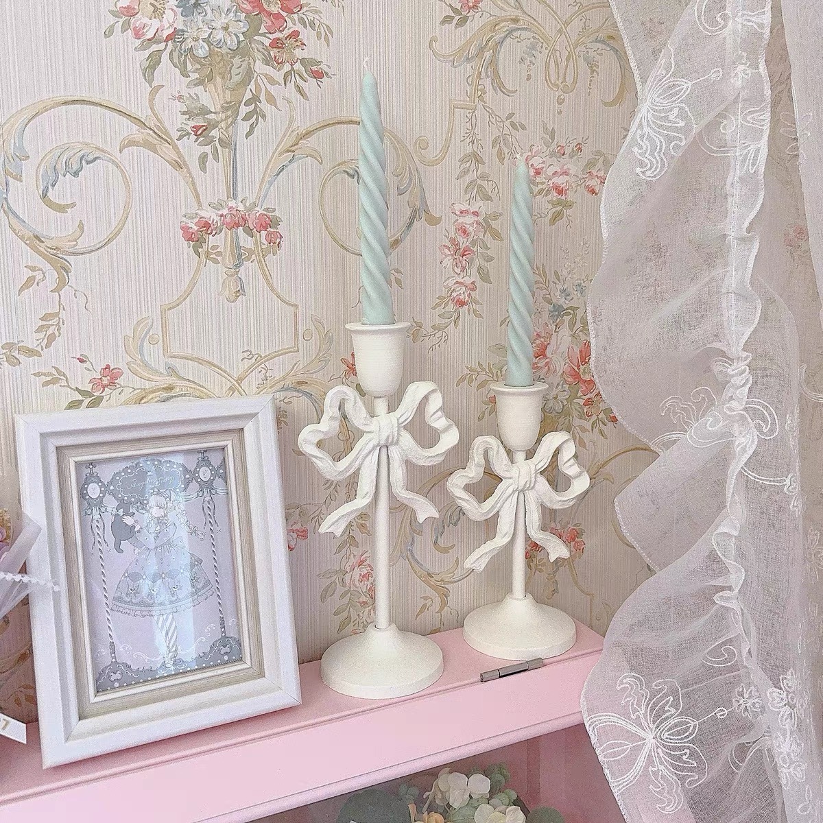 Roze strik knoop ijzeren kandelaar vintage wit ornament kandelaars desktop woonkamer huisdecoratie eettafel rekwisieten