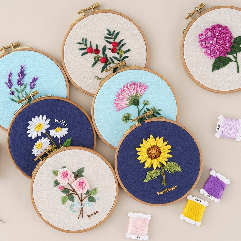 Nybegynner gjør-det-selv stemplet broderi startsett fargerike blomster planter mønster broderi stoff tråder verktøysett dekor kunstverk