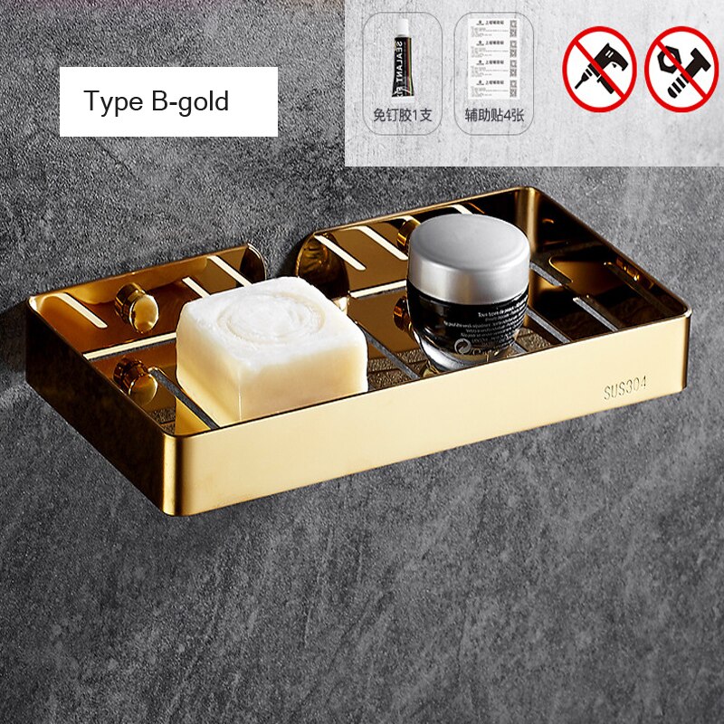 Bathroom Shower Soap Dish Storage Stainless Steel Holder Matal Soap Holder Bathroom Container Organizers: TypeB-gold