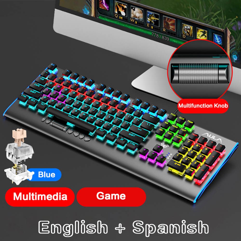 AULA F2099 104-key macro definition gaming laptop desktop multimedia rotary button mechanical gaming keyboard keyboard: F2099 Spain / Black Switch