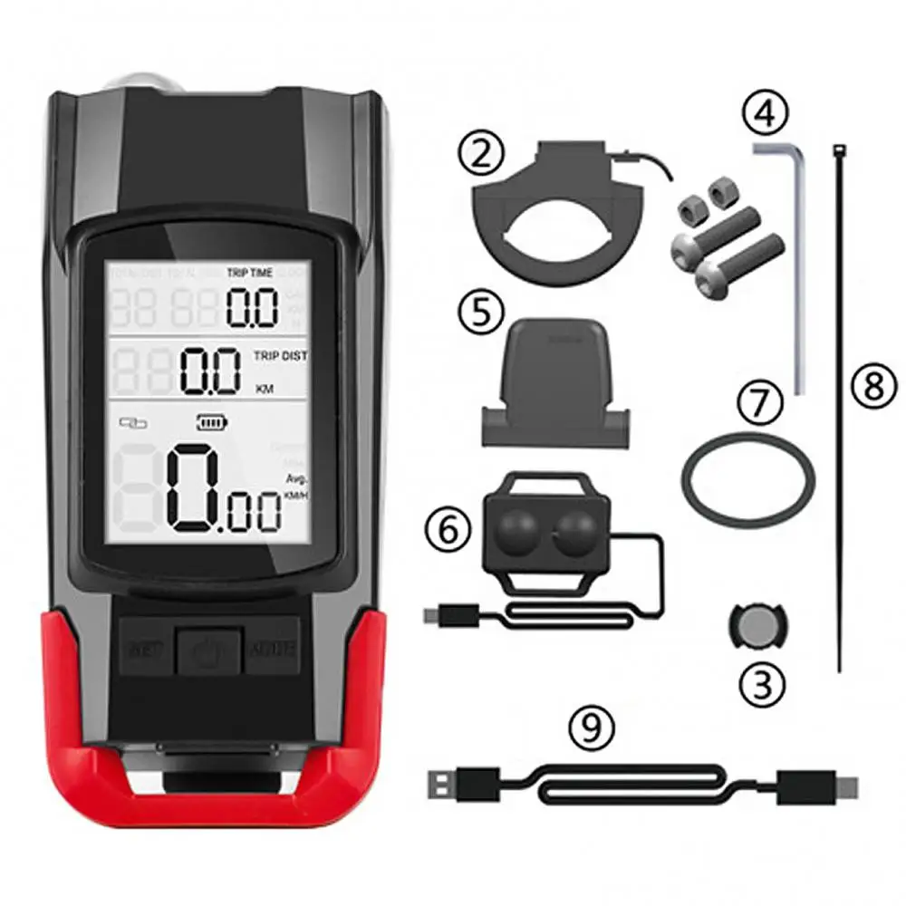 3 IN 1 Bicycle Computer Bike Front Light Lamp With Horn LCD Display Bike Speedometer and Odometer Headlight Cycling Flashlight: Red