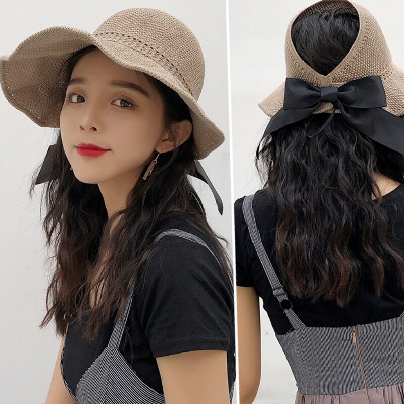 Visera de malla tejida para mujer, gorro de playa con lazo, Top abierto enrollable, ala ancha empaquetable, sombrero de protección solar UV de viaje para verano