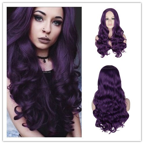 WHIMSICAL W Women Medium Long Curly Wigs Natural Ombre Mixed Purple Black Color Heat Resistant Hair Synthetic Wig for Women: Purple