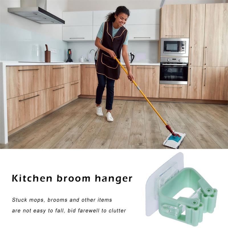 Wall Mounted Mop Holder Bathroom Toilet Lavatory Broom Mop Gripper Adhesive Wall Hanger, Green