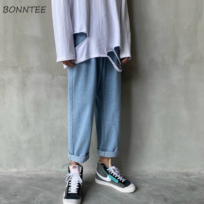 Jeans mænd solid snøre fritid ankellang fritid chic herre plus size lige denimbukser matchende streetwear ulzzang