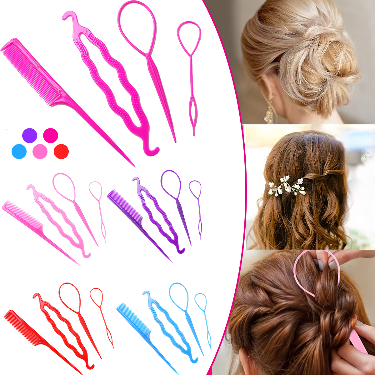 Juego de Herramientas para trenzado de cabello, Kit de herramientas de cola de Topsy para peluquería, accesorios para peinado de cabello DIY, trenzas de ciempiés franceses simples, 4 unids/set