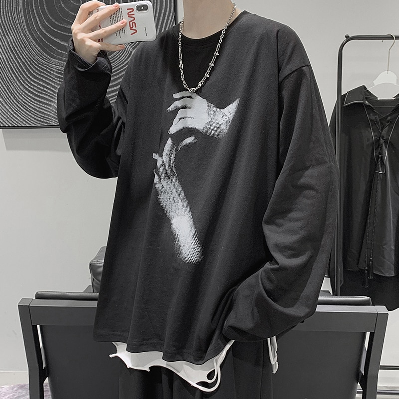 T-shirt ample à manches longues pour homme, style ulzzang, style hip-hop, surdimensionné, style coréen