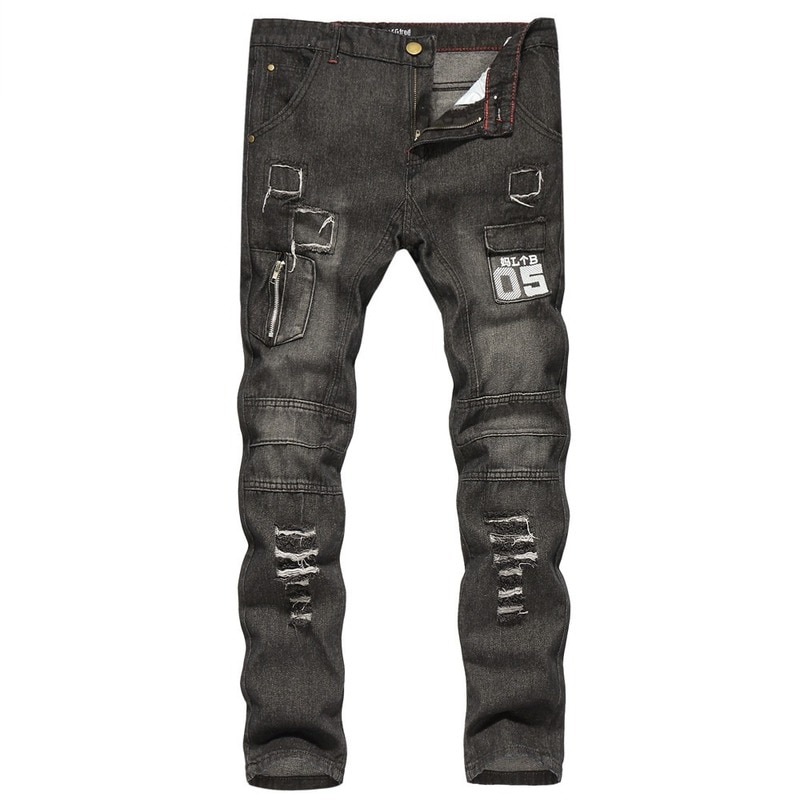 Jeans Men's Distressed Stretch Ripped Jeans Men Hip Hop Slim Fit Punk Denim Jeans Cotton Pants Zipper Jeans Black Jeans Men