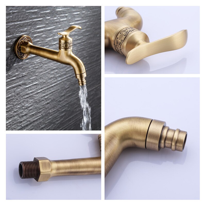 Carved Wall Mount Decorative Outdoor Garden Faucet Bibcock Brass Retro Tap Bathroom Washing Machine Mop Tap Antique WC Faucet
