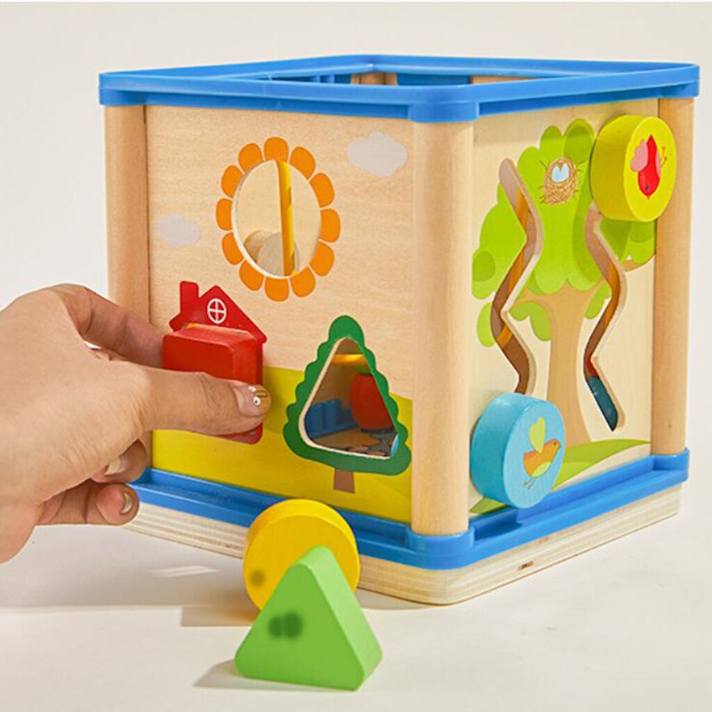 Wooden 5-Sided Activity Center with Bead Maze, Shape Sorter, Counting Beads & Gears Clock for 1 Year + Baby Toddler Boys Girls