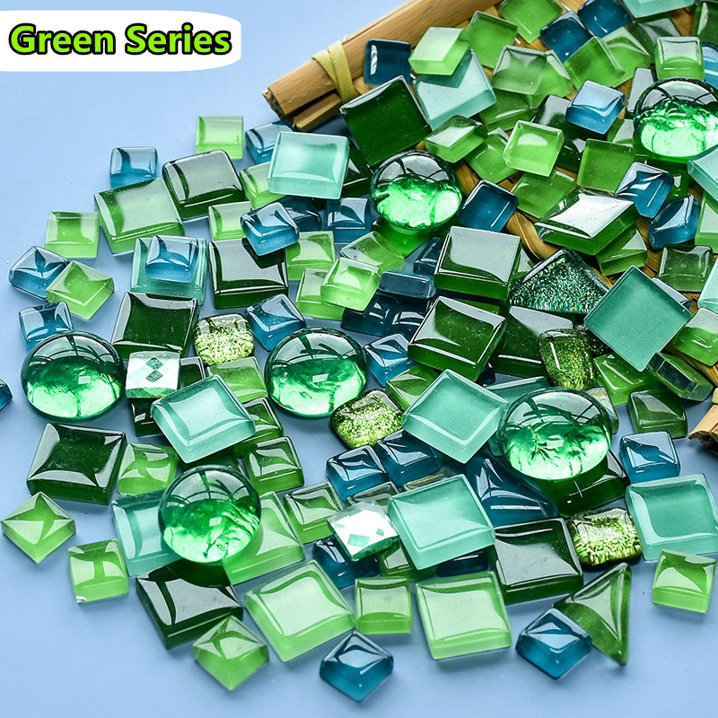 120g/4.23oz diversificerede glasmosaikfliser form/farveblanding flise rund/trekant/firkantet gør-det-selv mosaik håndværk skinnende materialer: Grøn serie