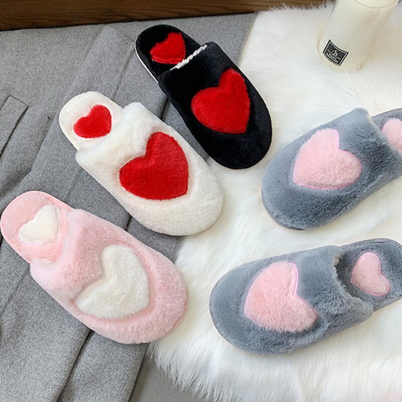 Cute Women Slippers Love Heart Cotton Winter Fur Slides Ladies Home Furry Slippers Warm House Indoor Non-slip Shoes