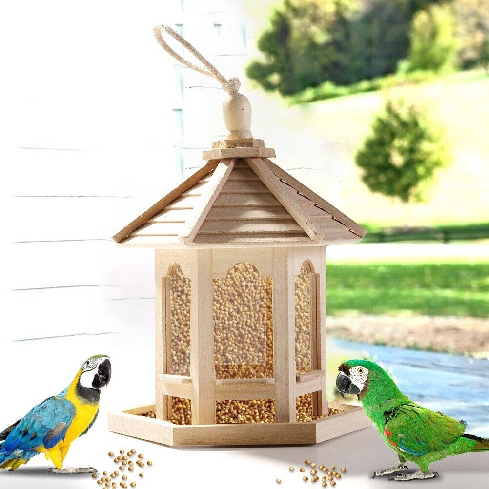 Wooden House Bird Feeder Hanging Feeding Station Hollow Bird Feeder Home Garden Yard Outdoor Pet Decors