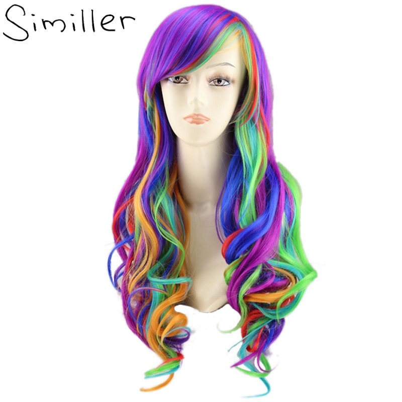 Similler Regenboog vrouwen Lange Krullend Synthetisch Haar Cosplay Pruik + Een Haircap Multi Kleur