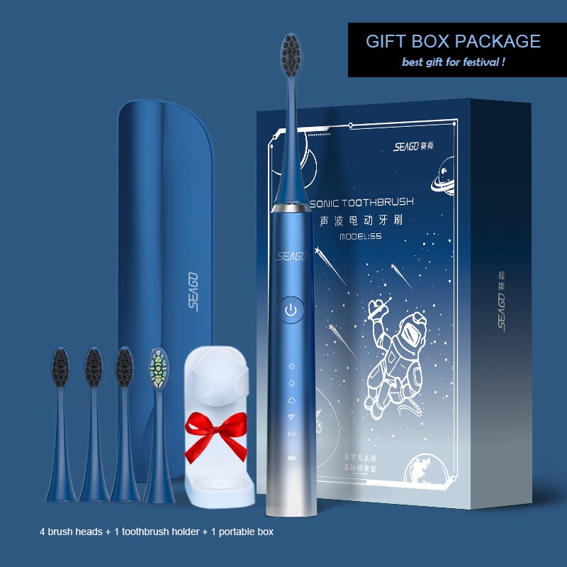 SEAGO – brosse à dents électrique Rechargeable pour adulte, sonique, étanche, 5 têtes, boîte de voyage, recommandé par le dentiste
