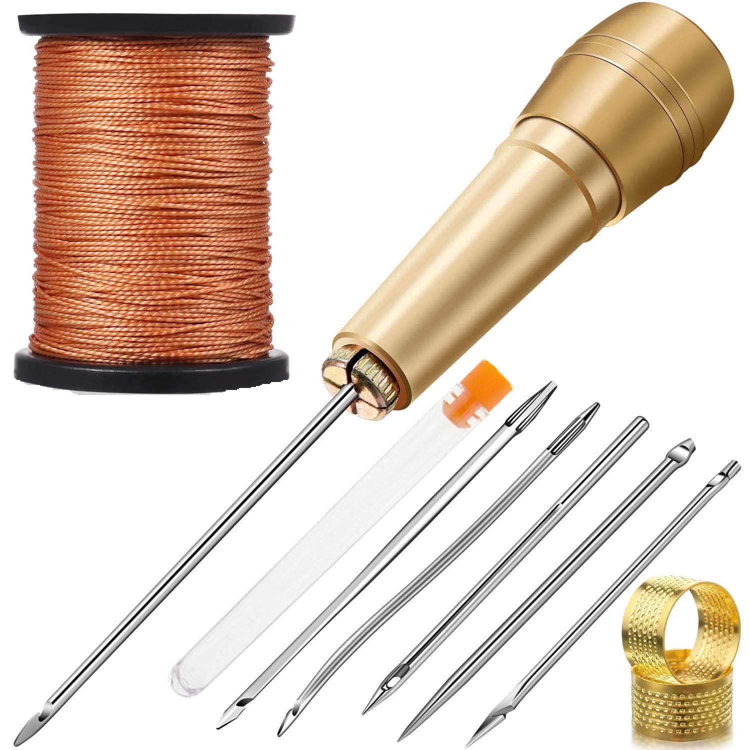 Leather Sewing Kit DIY Leather Sewing Awl Needle with Copper Handle Set Leather Canvas Tent Shoes Repairing Tool Nylon Thread: Light Grey