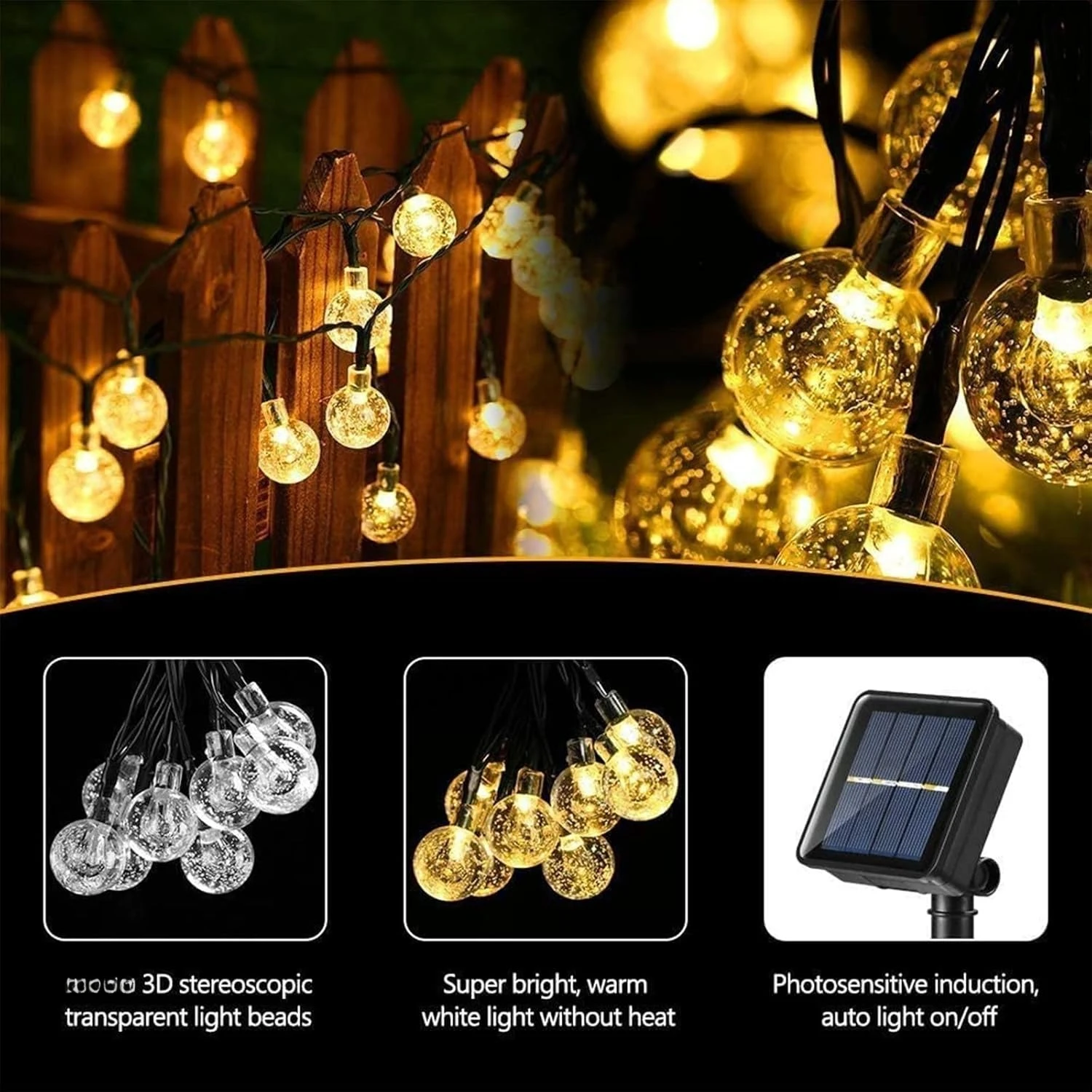 Luzes solares da corda ao ar livre 50 luzes conduzidas da bola de cristal com 8 modos à prova dwaterproof água solar conduziu luzes solares exteriores