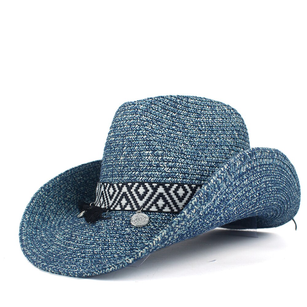 Boheme kvast kvindelige hule vestlige cowboy hat dame sommer halm sombrerocap strand cowgirl jazz sol hat: Mørkeblå