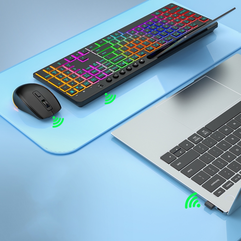 2,4 G kabelloses Tastatur-Maus-Set mit Tablet-Halter, RGB-Beleuchtung, ergonomische, energiesparende, leise Tastatur für Unternehmen und Büro