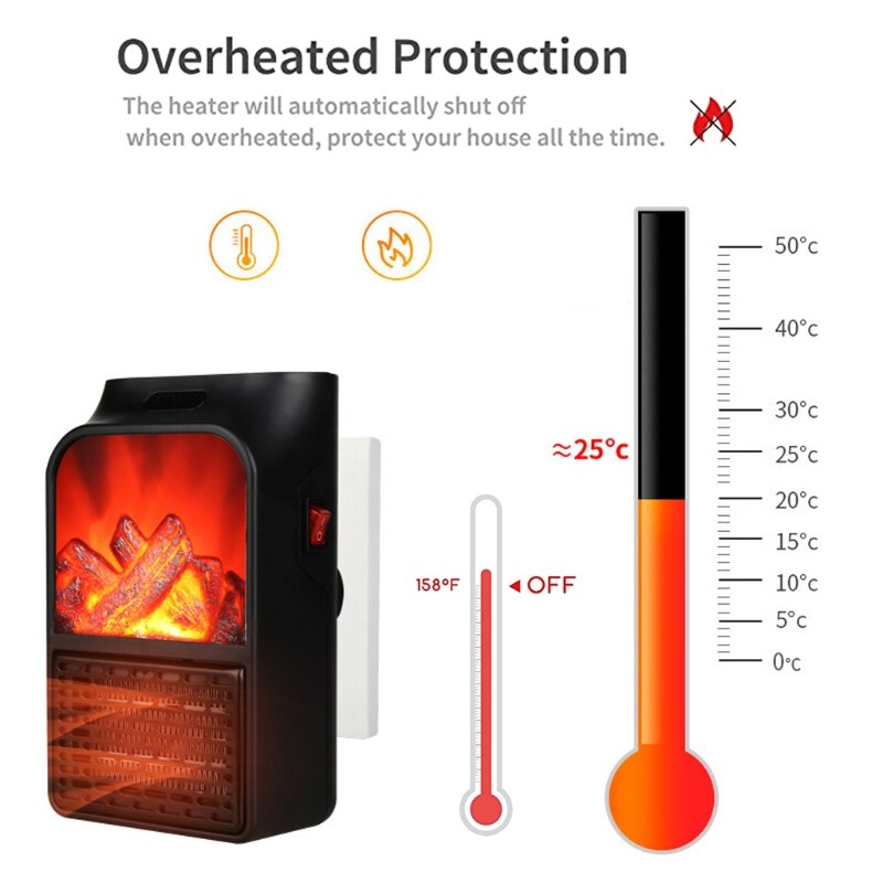 Small Portable Ceramic Space Heater Electric Heater Fan Thermostat Control Fireplace Heater with Realistic Flames 900W