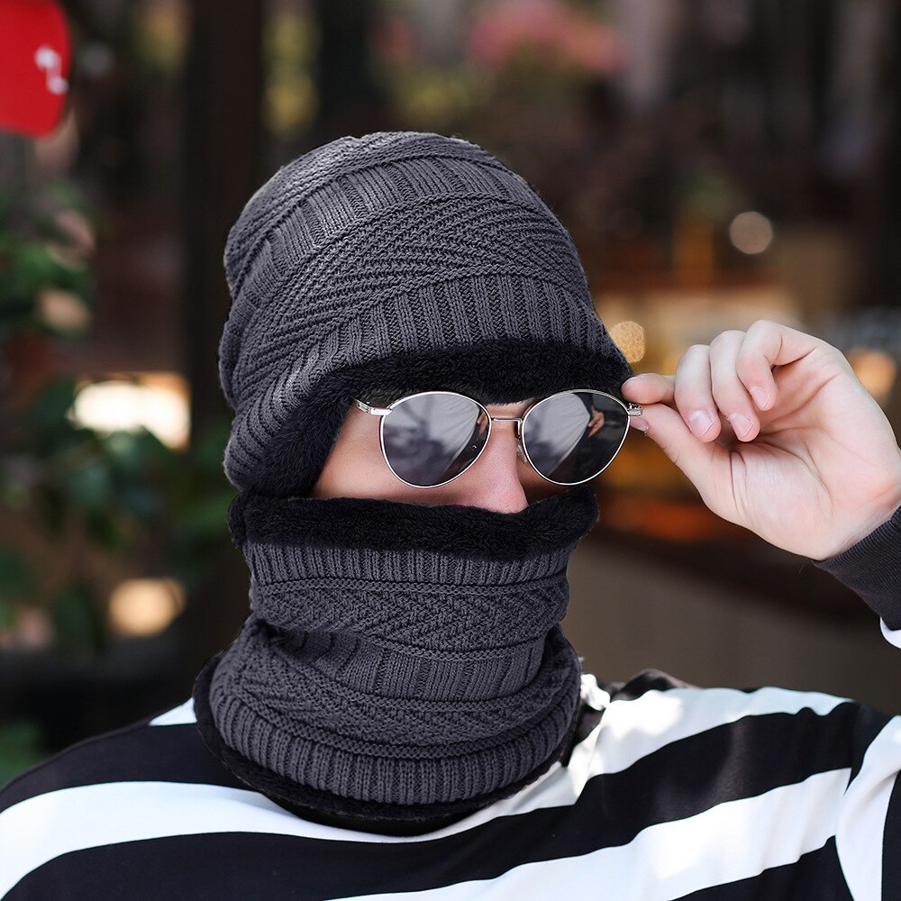 2 stücke Hütte Und Schal Kombination Winter männer Gestrickte Baseball Kappe Plus Samt Gepolsterte Lätzchen Schal Winddicht Und Warme Ich bin freien Warme: dunkel grau