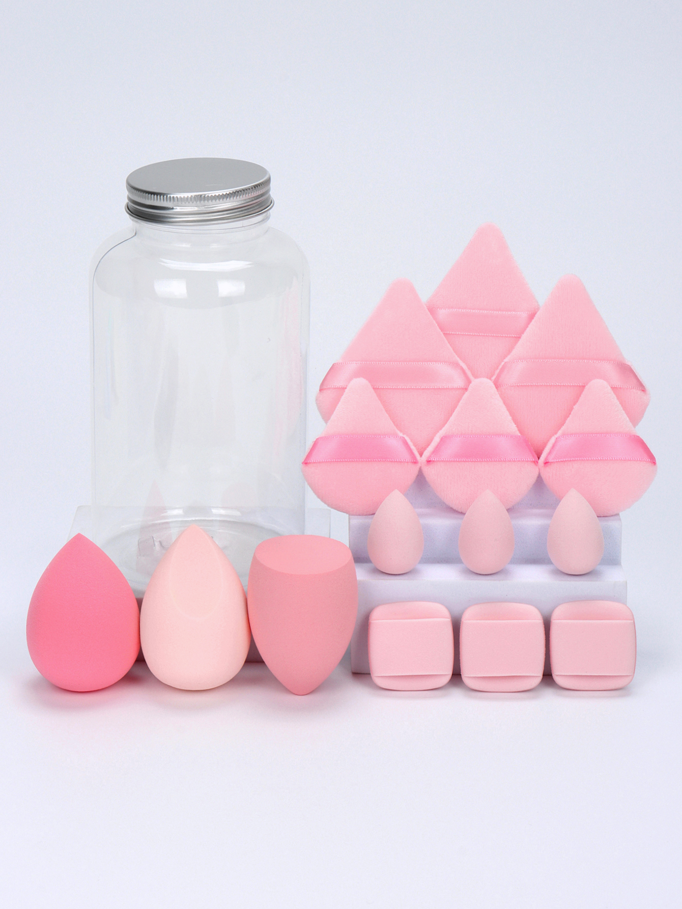 Primavera 15 latas, 3 esponjas para polvos sueltos y 3 mini esponjas para polvos sueltos y 3 mini huevos de maquillaje y 3 mini esponjas con cojín de aire, mezcla de bases