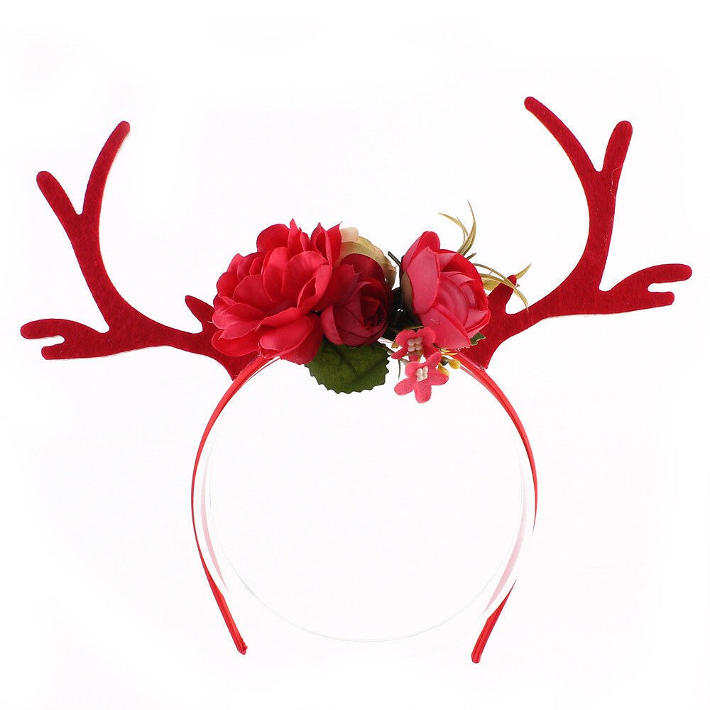 Diadema navideña para niña y mujer, disfraz cuernos de ciervo y flores, diadema para orejas, diadema para , vacaciones, novedad de Navidad: Rojo