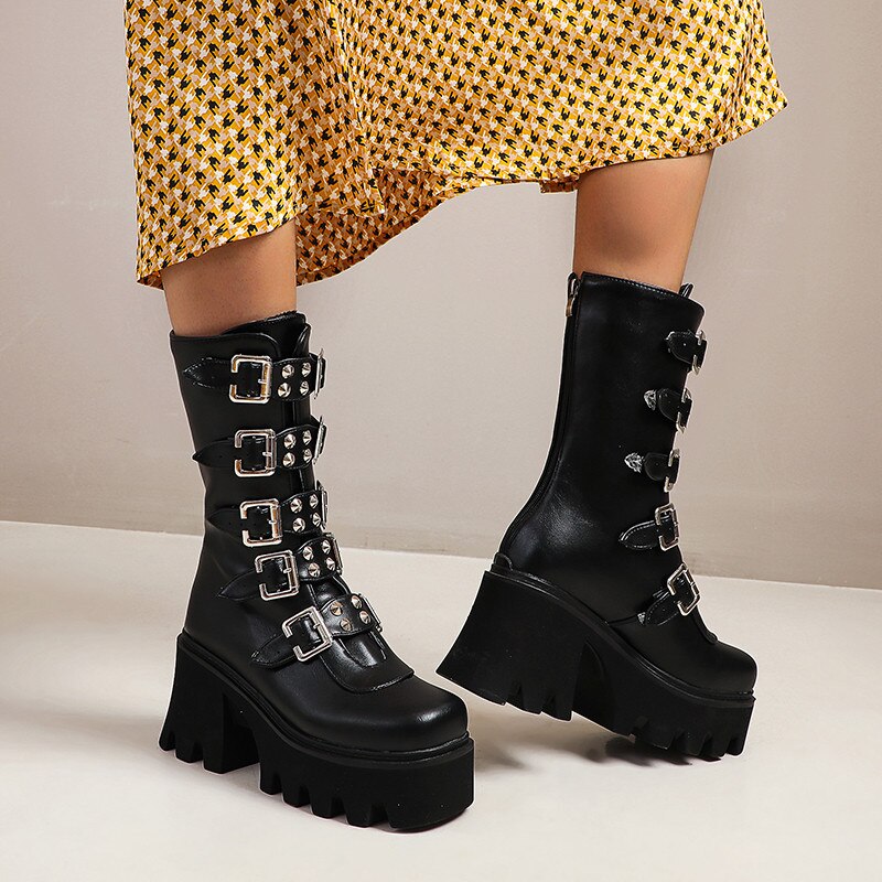 ASUMER nouvelle mi-mollet bottes femmes Style européen talon carré plate-forme bottes boucle populaire punk chaussures dames noir