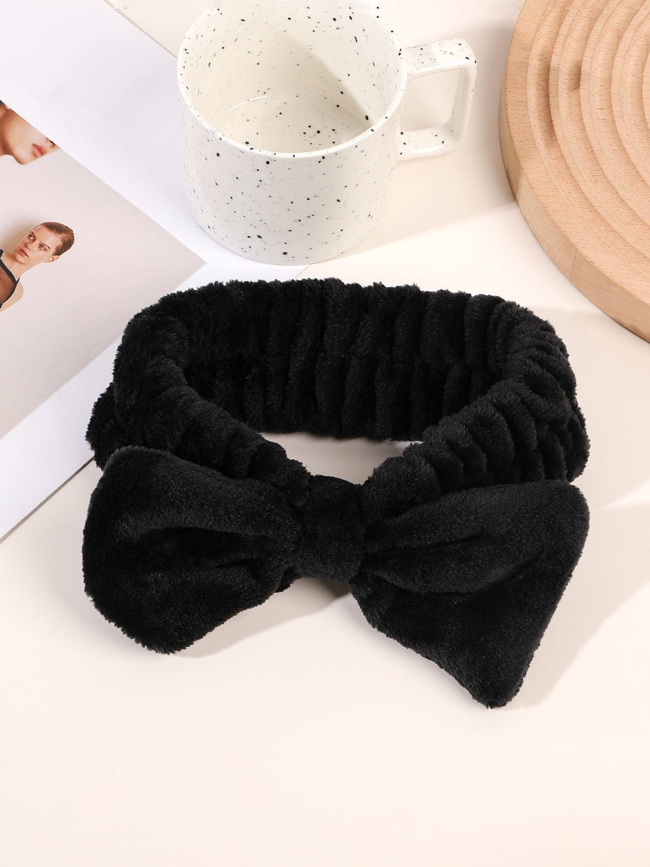 Diadema de spa para lavarse la cara, diadema de maquillaje para niñas, diadema con pajarita, diademas de microfibra para el cuidado de la piel de las mujeres para limpiar el rostro: Negro