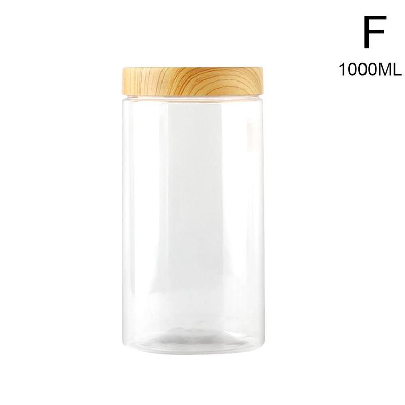 Botella de plástico transparente de boca ancha, recipiente vacío con tapa de madera, almacenamiento de alimentos de cocina, tarro para galletas y nueces: 1000ml
