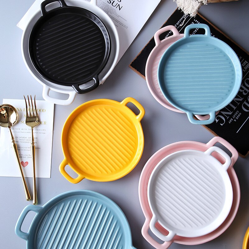 Matte Ceramic Baking Pan Bowl with Double Handle Ins Salad Fruit Dessert Soup Bowl Container Dinnerware Vegetable Bowl Pan