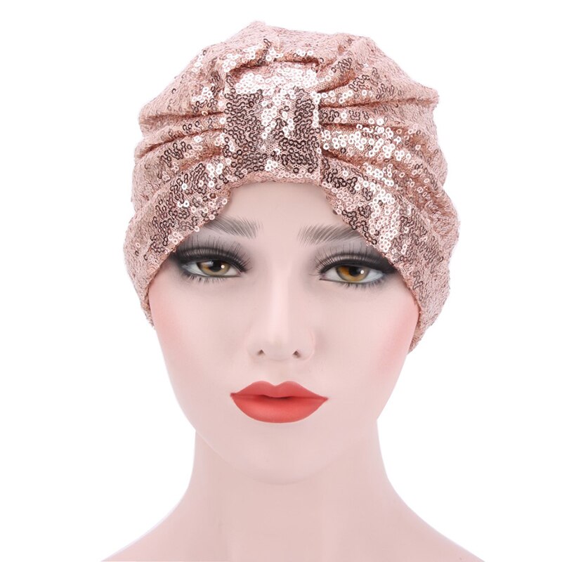 Couvre-tête à motif de paillettes pour femmes, Turban, Bonnet, chapeau, écharpe musulmane, casquette, nœud rond réutilisable, Harajuke: Champagne