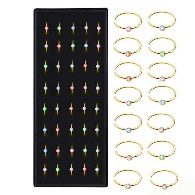 Pack de clous de nez en acier inoxydable, 40/60 pièces, cerceau de perçage de nez en cristal en vrac, ensemble d'anneaux de nez en forme de L, Piercing courbé, bijoux pour le corps: WHITE / Titane plaqué