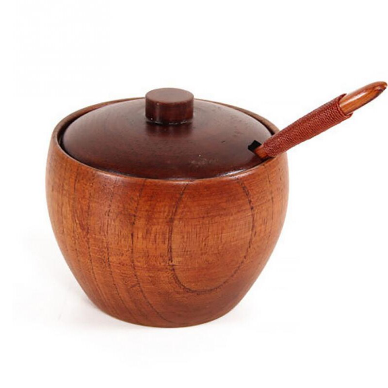 1 juego duradero Estilo japonés bote de condimento de madera tarro de especias con cuchara y tapa, caja de pimienta de sal tazón de azúcar accesorios de cocina